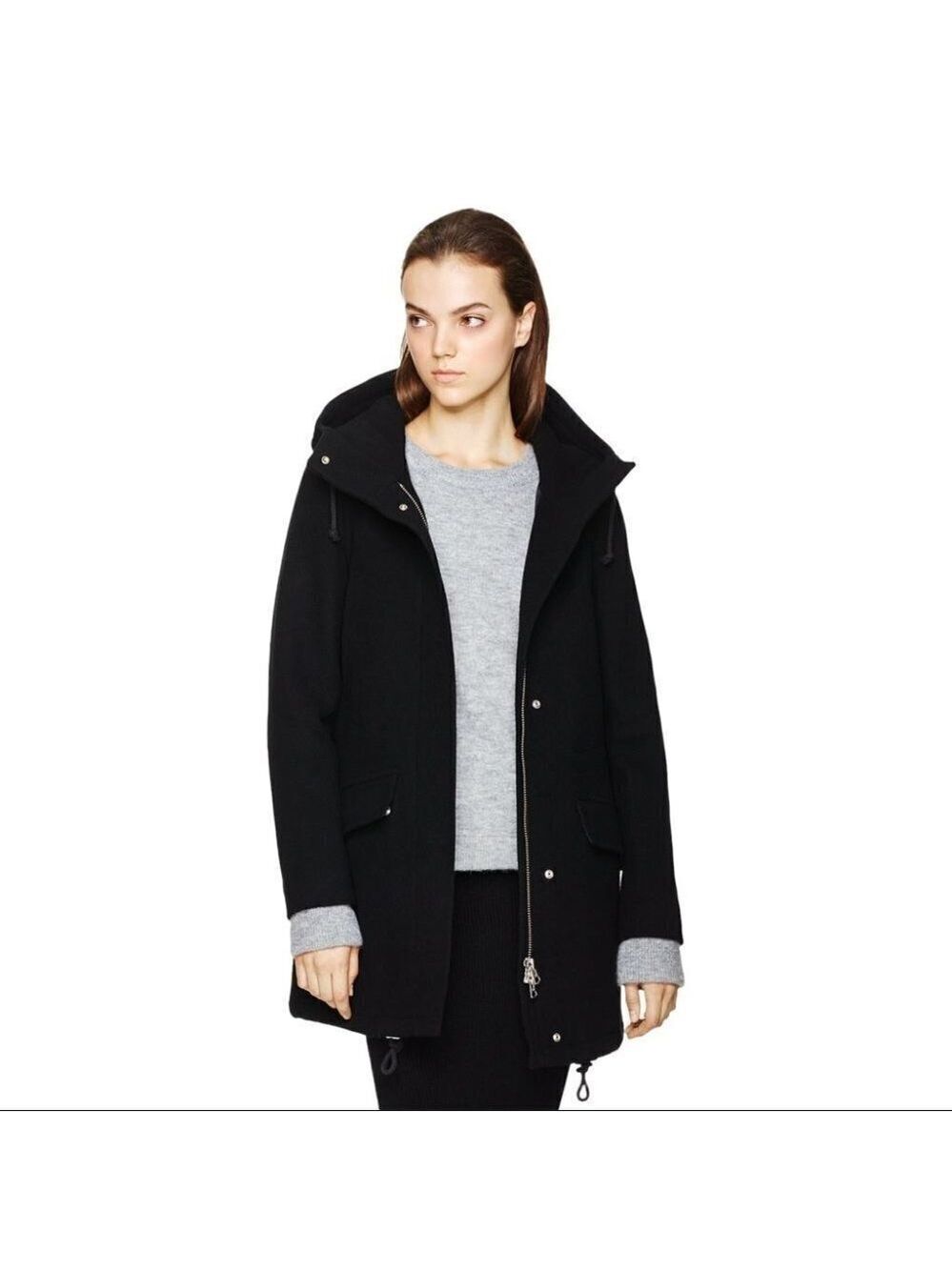 * Aritzia 𝅺WILFRED Black Gemma Hooded Wool Zip Front Coat w/ Cashmere Size S